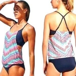Athleta Moxie Collection Tankini Swim Top Pink Navy Bra Strap UPF 50, Size 34B C